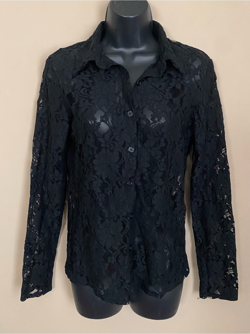 Black Lace Button-Down Shirt - Women